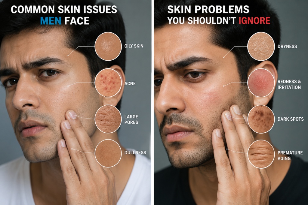 Daily Skincare Routine for Men: Complete Step-by-Step **Alt Text:**
**"Infographic showing common men's skin issues including oily skin, acne, large pores, dullness, dryness, redness and irritation, dark spots, and premature aging on a male face with detailed skin close-ups."**
**SEO-Friendly Alt Text:**
**"Common skin problems in men including acne, oily skin, large pores, dark spots, dryness, redness, and premature aging explained in a men's skincare routine guide."**