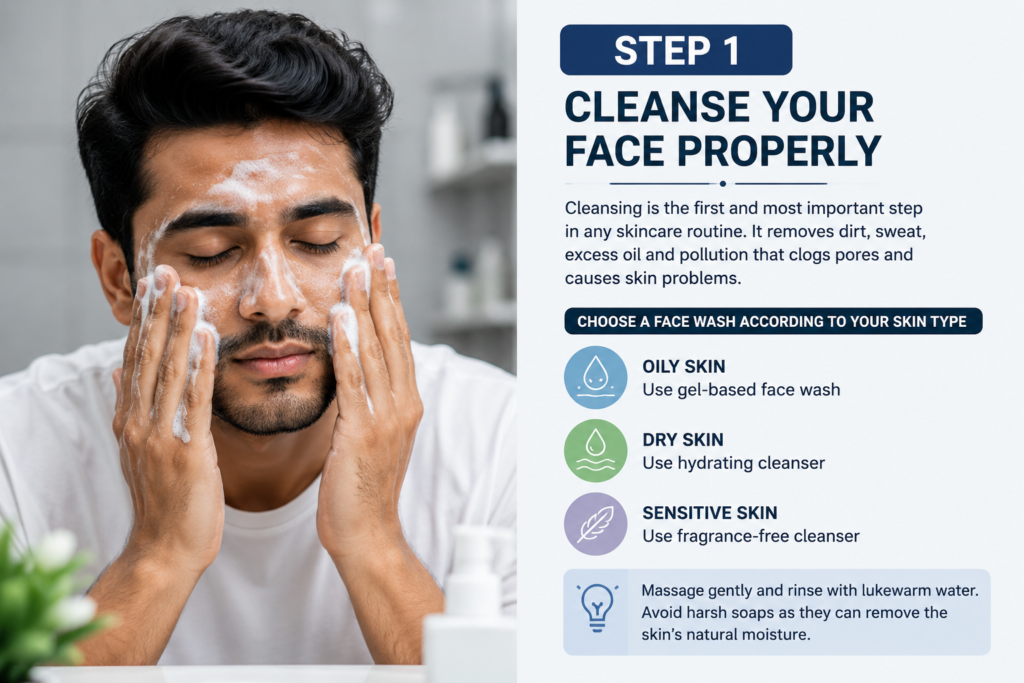 Daily Skincare Routine for Men: Complete Step-by-Step "Daily skincare routine for men step 1 cleansing face with a gentle face wash for healthy and clear skin."
