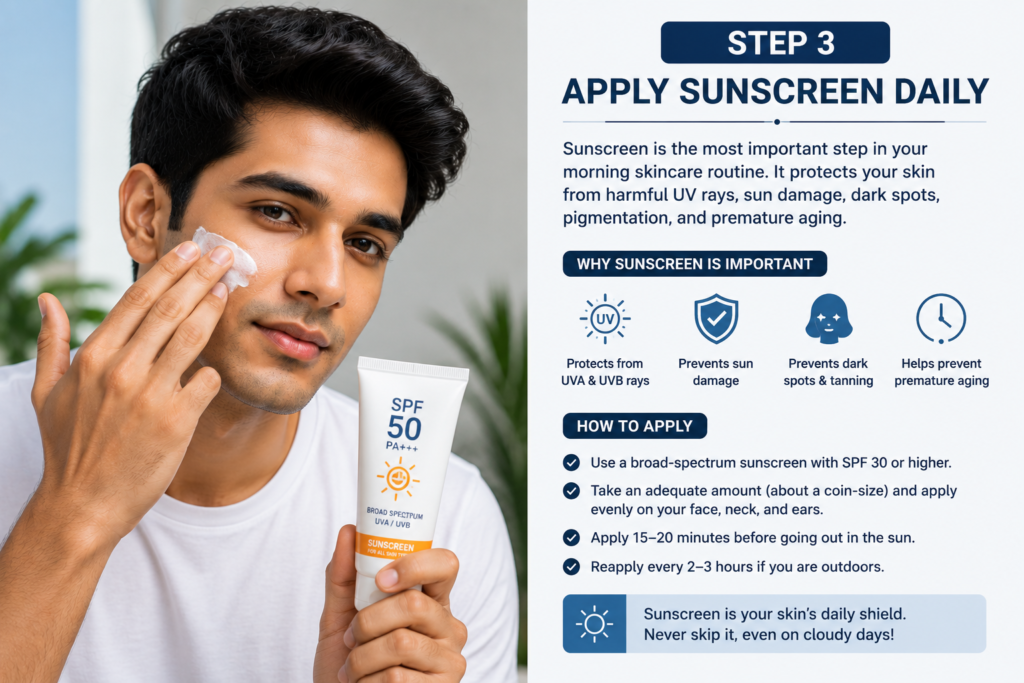 Daily Skincare Routine for Men: Complete Step-by-Step "Man applying sunscreen during a daily skincare routine for men."