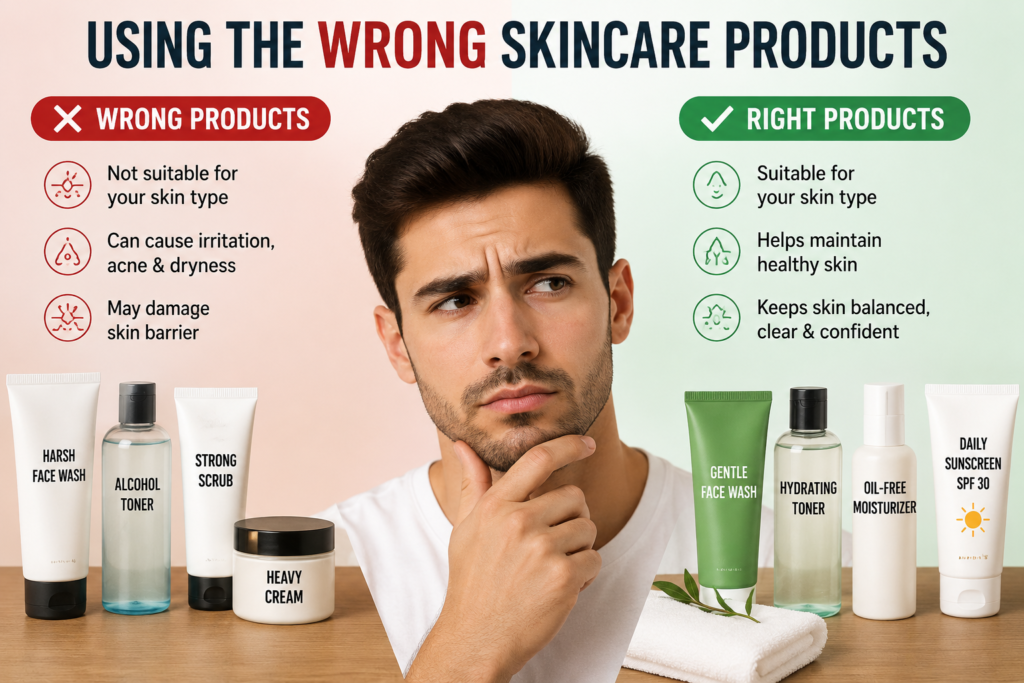 **SEO-Friendly Alt Text:**

**"Man comparing skincare products and choosing the right skincare routine, highlighting the grooming mistake of using the wrong skincare products for your skin type."**

**Short Alt Text:**

**"Man choosing between wrong and right skincare products."**

**Keyword-Rich Alt Text:**

**"Using the wrong skincare products – a common grooming mistake that can cause acne, dryness, irritation, and other skin problems in men."**
