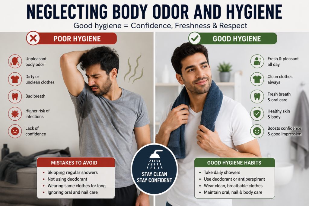 "Poor hygiene vs good hygiene comparison for men's grooming."