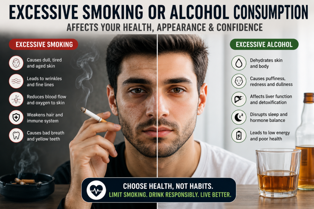 "Excessive smoking or alcohol consumption is a common grooming mistake that can cause dull skin, wrinkles, dehydration, poor health, and premature aging in men."