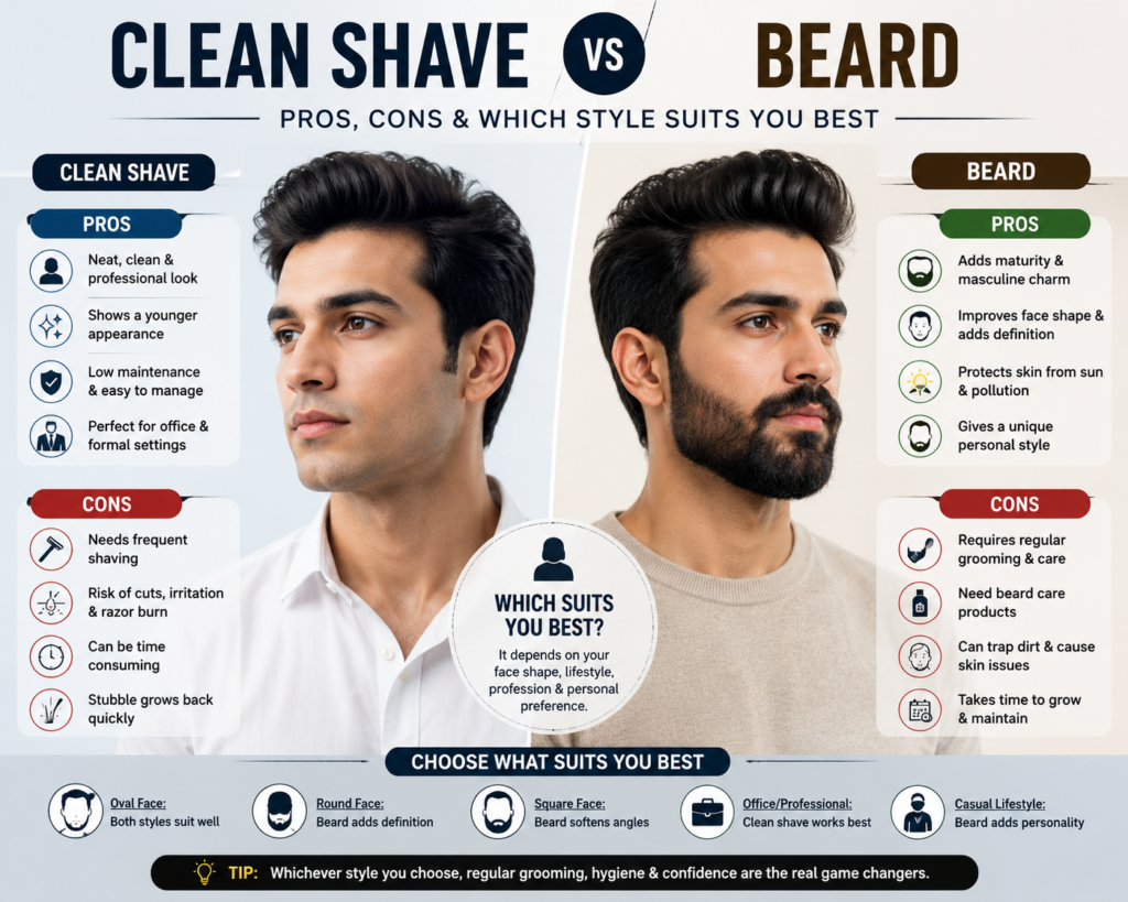 "Clean shave vs beard comparison infographic showing the pros, cons, maintenance, and style differences to help men choose the best grooming look."