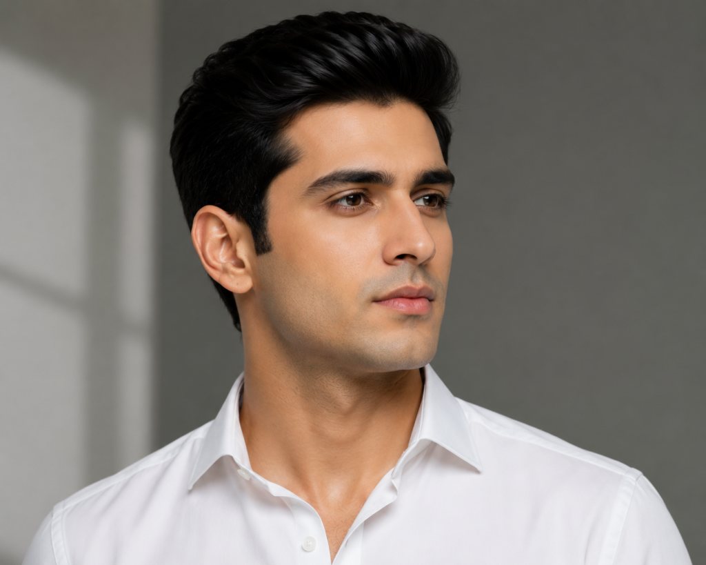"Clean-shaven man with a professional and well-groomed look."