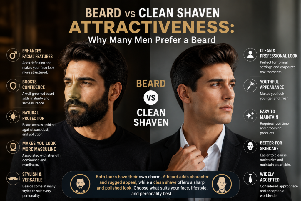 "Beard vs clean shaven attractiveness comparison for men's grooming."