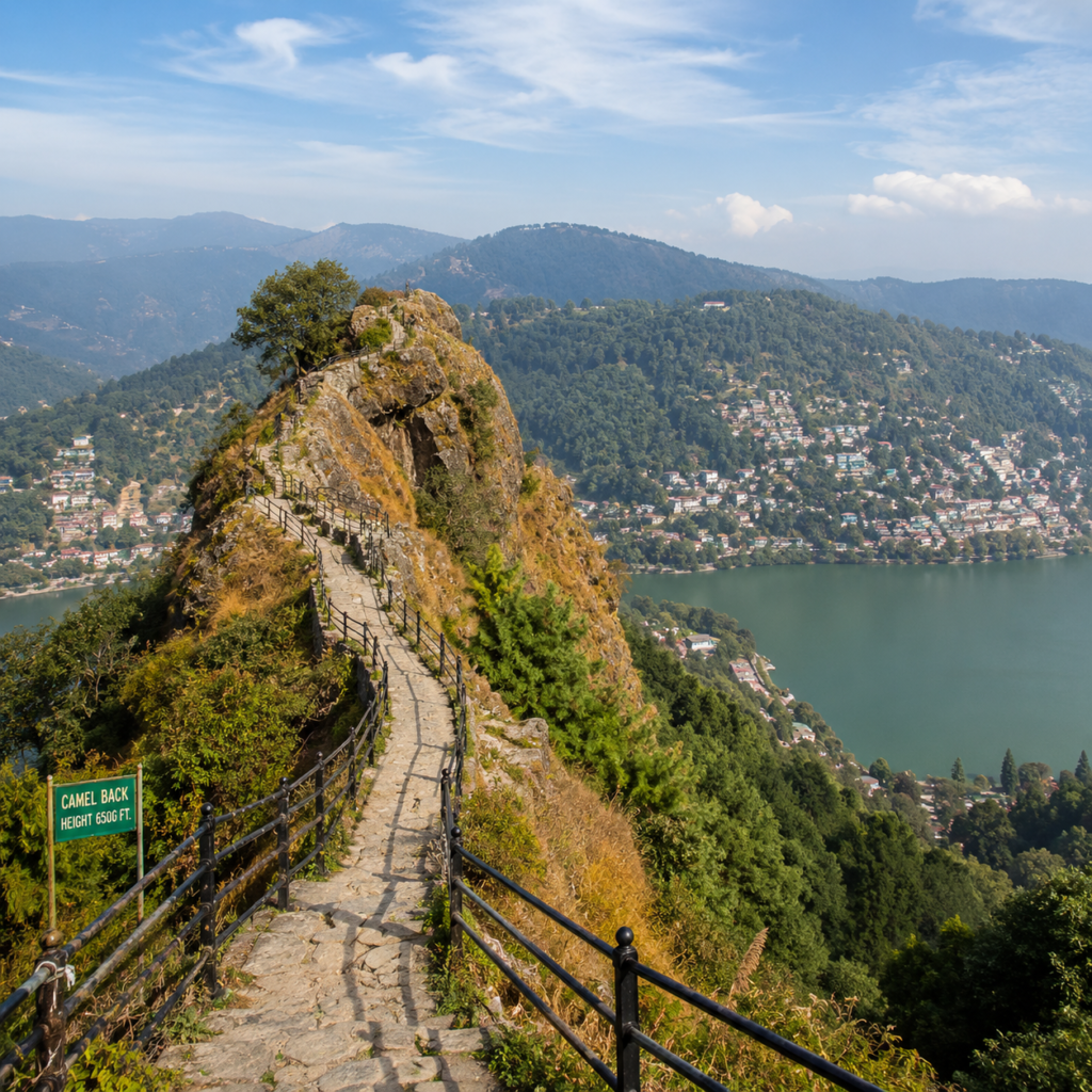 The Hidden "NAINITAL" **Alt Text:**
*Camel's Back viewpoint in Hidden Nainital featuring a narrow stone pathway along a rocky ridge, overlooking Naini Lake, lush green hills, and panoramic Himalayan landscapes under a clear blue sky.*