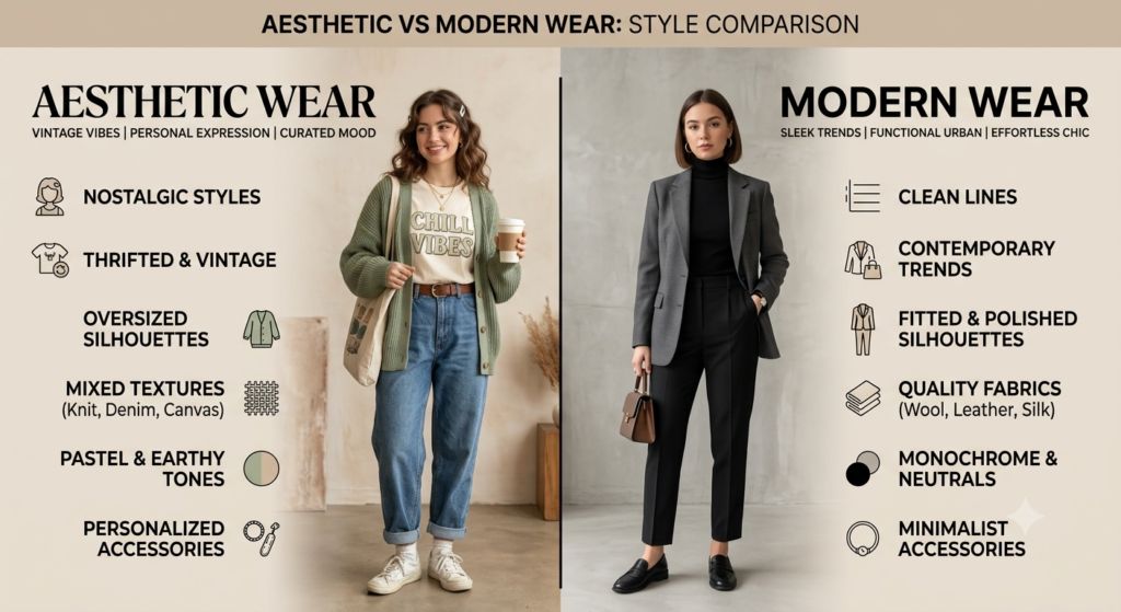 "A side-by-side style comparison of Aesthetic vs. Modern Wear showcasing vintage cozy outfits and sleek contemporary fashion."